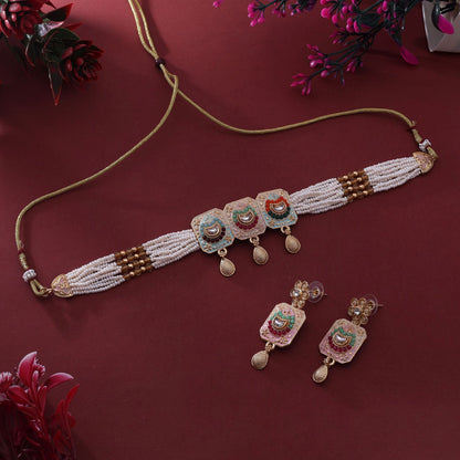 Elegant Assorted Color Choker Meenakari Necklace Set With Traditional Enamel Work For Festive Wear