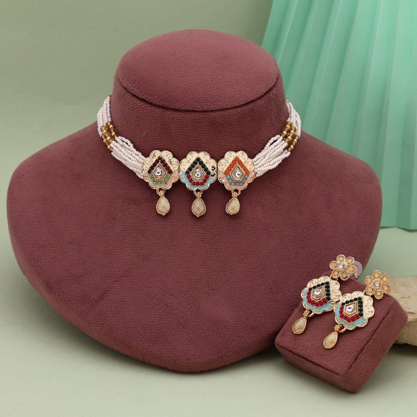 Beautiful Assorted Color Choker Meenakari Necklace Set With Matching Earrings For Wedding And Party Looks