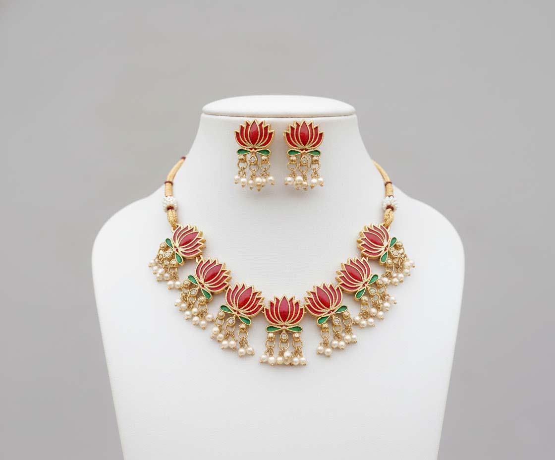Rani Color Enamel Work Puwai Necklace For Ethnic And Traditional Outfits