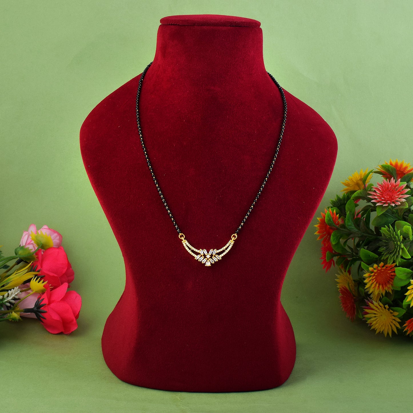 Gold Color American Diamond Mangalsutra With Intricate Pendant And Beads