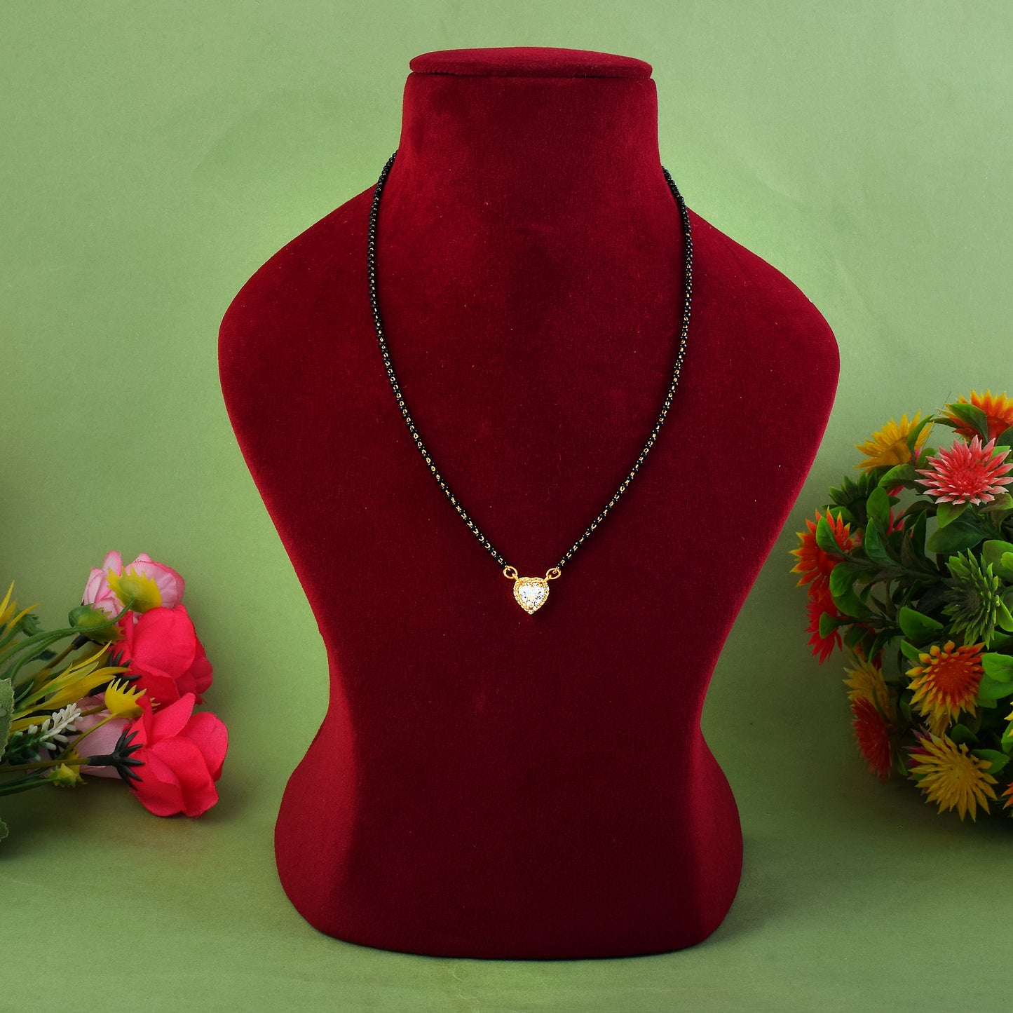 Gold Color American Diamond Mangalsutra With Traditional Twin Leaf Motif