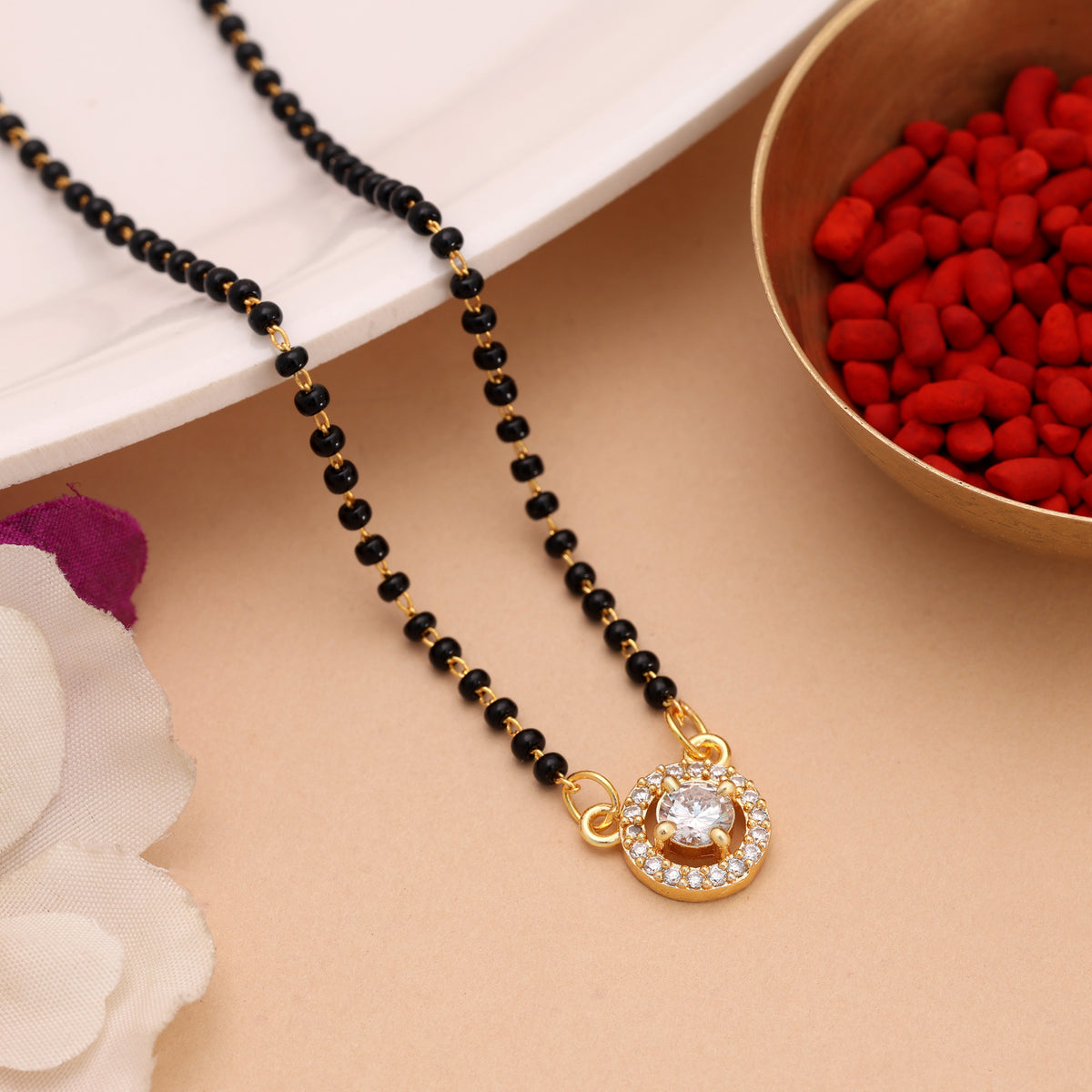 Chic Fine Polish Gold Color American Diamond Mangalsutra Suitable For Daily Styling