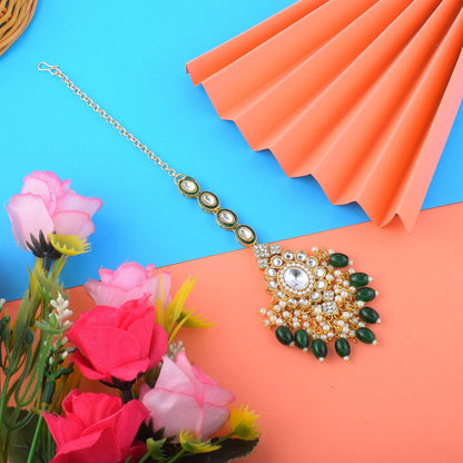 Elegant Green Color Kundan Maang Tikka Designed with Premium Handcrafted Indian Jewelry Finish