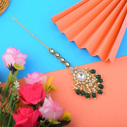 Elegant Green Color Kundan Maang Tikka Designed with Premium Handcrafted Indian Jewelry Finish