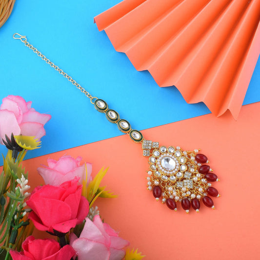 Stylish Maroon Color Kundan Maang Tikka Perfect for Weddings, Parties, and Cultural Outfits