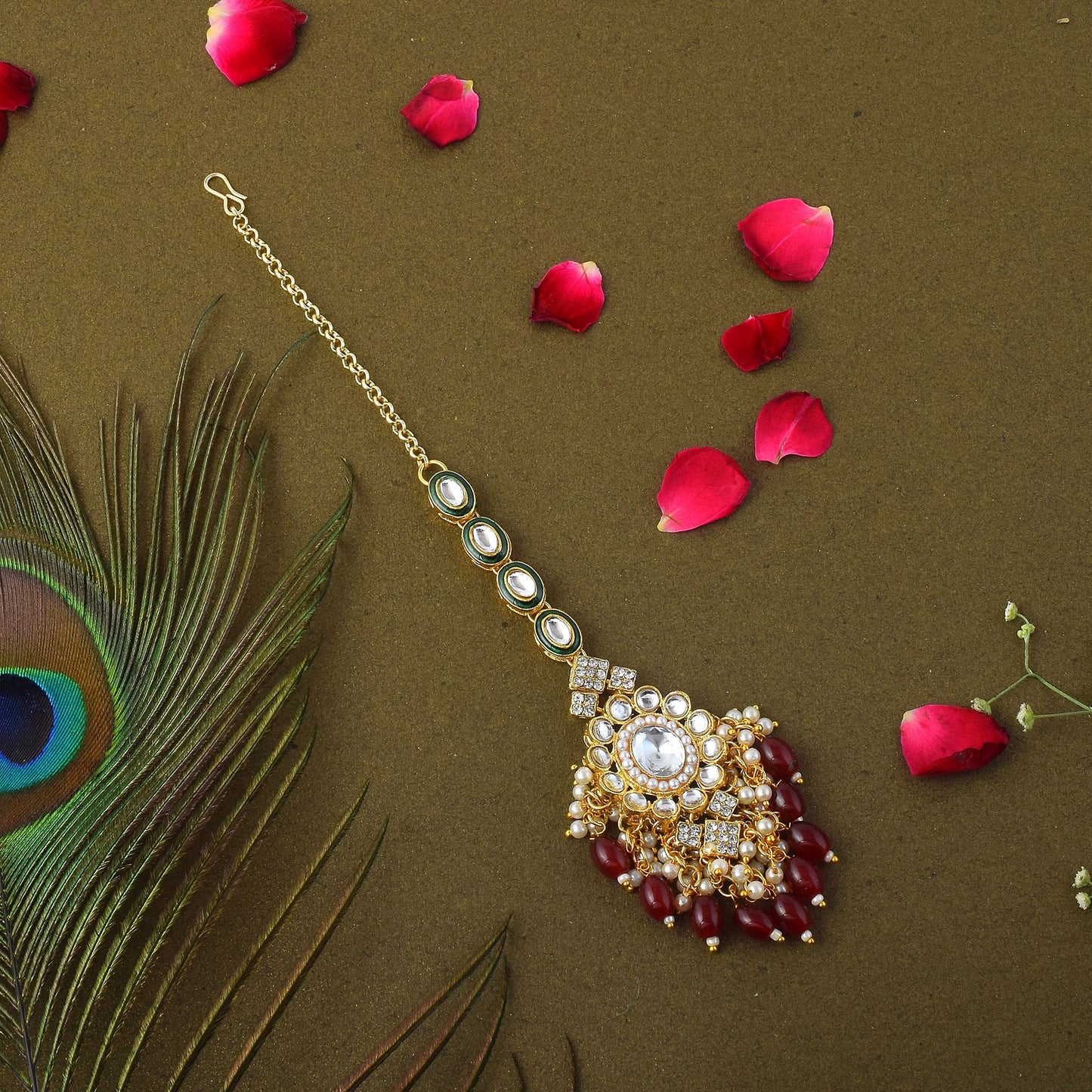 Stylish Maroon Color Kundan Maang Tikka Perfect for Weddings, Parties, and Cultural Outfits