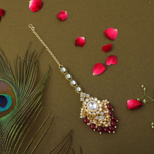 Stylish Maroon Color Kundan Maang Tikka Perfect for Weddings, Parties, and Cultural Outfits