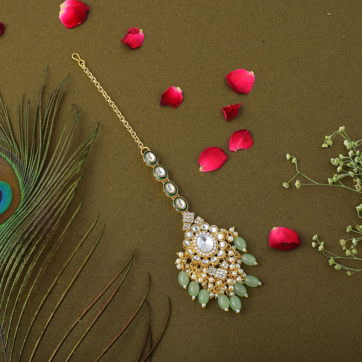 Gorgeous Pista Green Color Kundan Maang Tikka Crafted for Brides, Parties, and Celebrations | FEMNARI