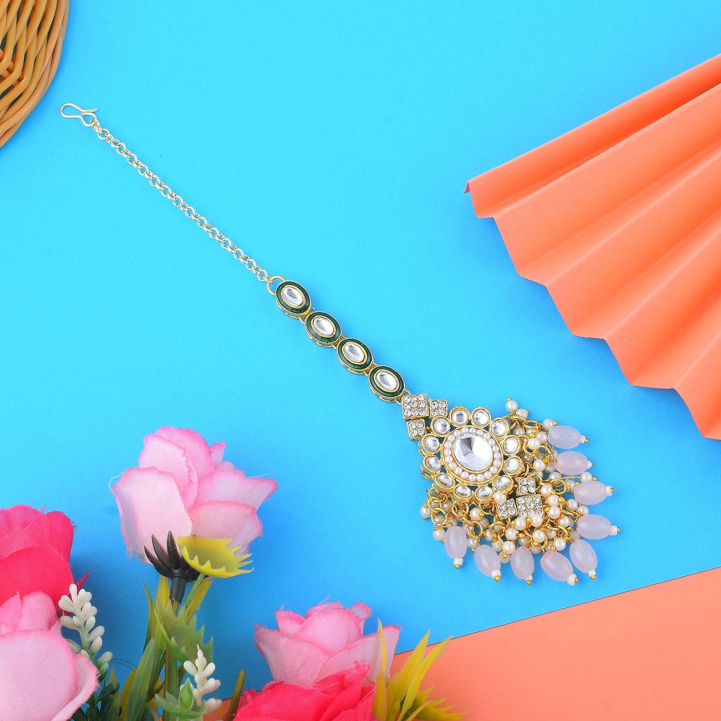 Beautiful Pink Color Kundan Maang Tikka Perfect for Traditional Wedding and Festive Styling