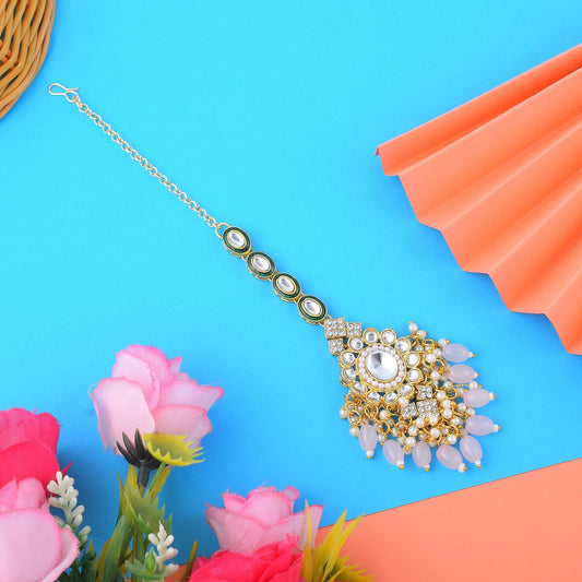 Beautiful Pink Color Kundan Maang Tikka Perfect for Traditional Wedding and Festive Styling