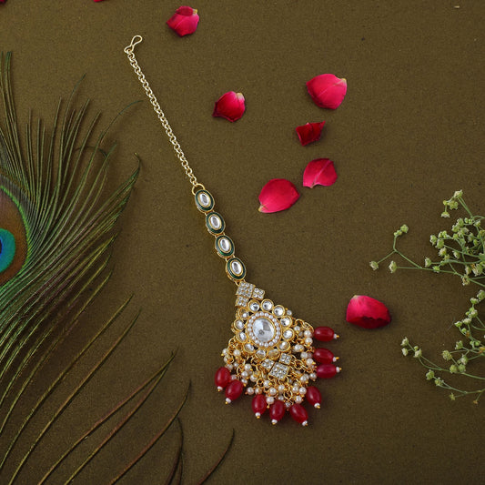 Royal Red Color Kundan Maang Tikka Designed for Brides, Weddings, and Traditional Festivals