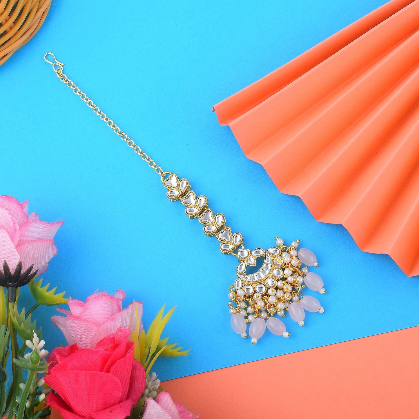 Beautiful Pink Color Kundan Maang Tikka Designed for Bridal Occasions and Ethnic Festive Wear