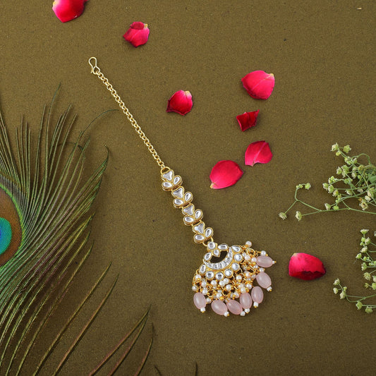 Beautiful Pink Color Kundan Maang Tikka Designed for Bridal Occasions and Ethnic Festive Wear