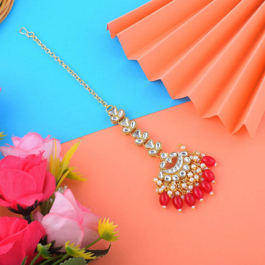 Gorgeous Red Color Kundan Maang Tikka Designed with Intricate Handmade Indian Jewelry Detailing