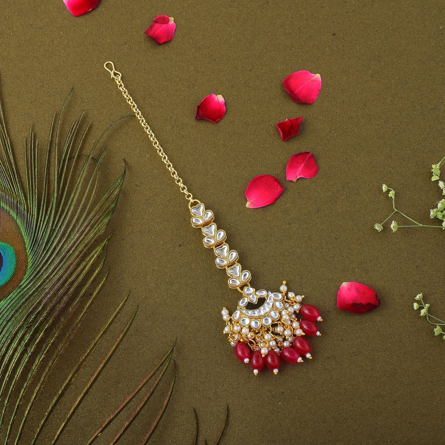 Gorgeous Red Color Kundan Maang Tikka Designed with Intricate Handmade Indian Jewelry Detailing