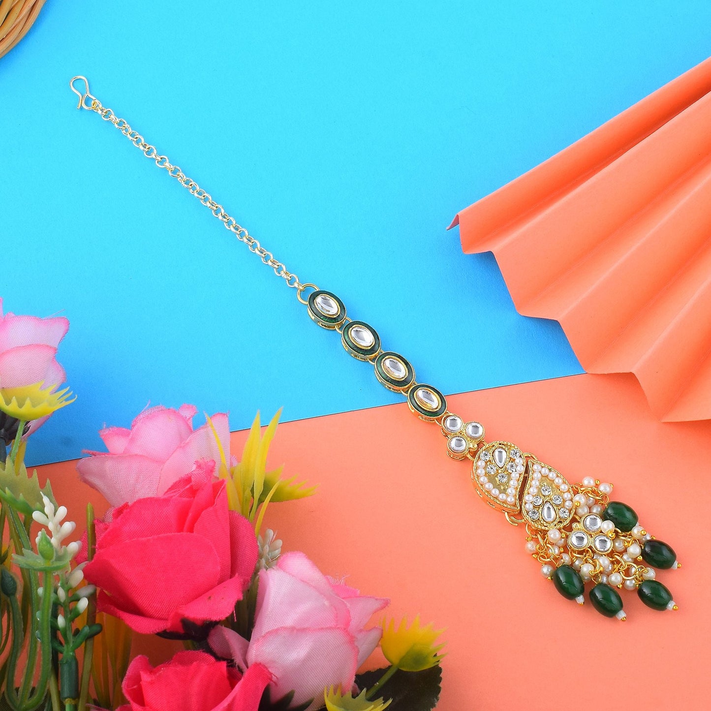 Gorgeous Green Color Kundan Maang Tikka Designed with Exquisite Handmade Traditional Jewelry Craft