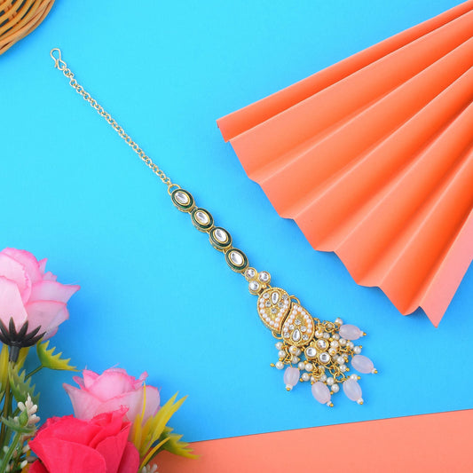 Beautiful Pink Color Kundan Maang Tikka Crafted with Premium Artistic Detailing for Wedding Wear