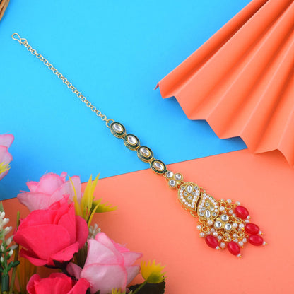 Elegant Red Color Kundan Maang Tikka Crafted for Weddings, Parties, and Indian Cultural Events
