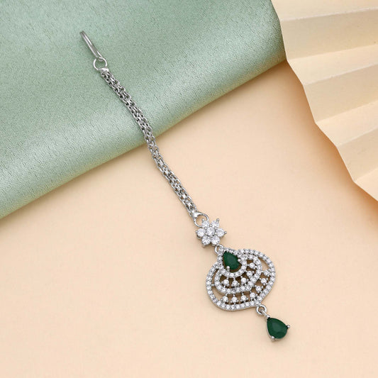 Green Color Elegant Round Cut American Diamond Maang Tikka For Wedding And Functions