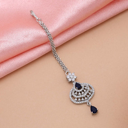 Navy Blue Color Sparkling Designer American Diamond Maang Tikka For Festive Occasions