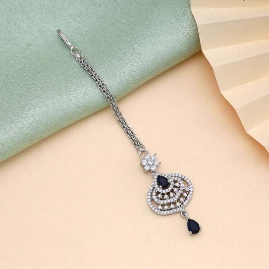 Navy Blue Color Sparkling Designer American Diamond Maang Tikka For Festive Occasions