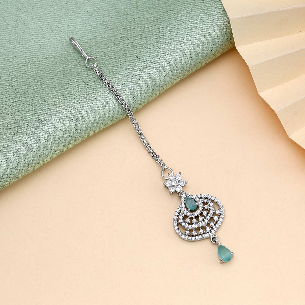 Pista Green Color Traditional American Diamond Maang Tikka For Brides And Party Wear | FEMNARI