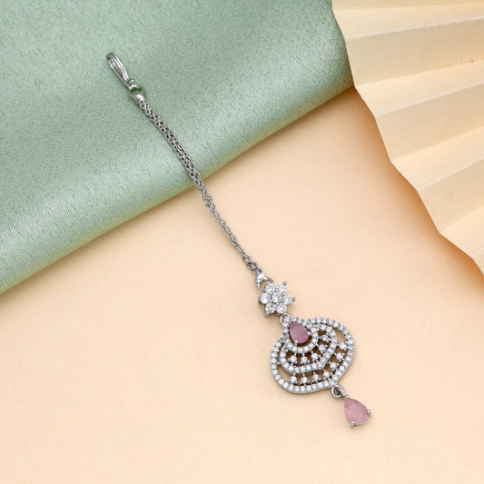 Pink Color Gorgeous Designer American Diamond Maang Tikka For Bridesmaids And Celebrations