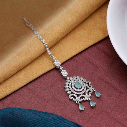 Pista Green Color Unique Handcrafted American Diamond Maang Tikka For Brides And Functions