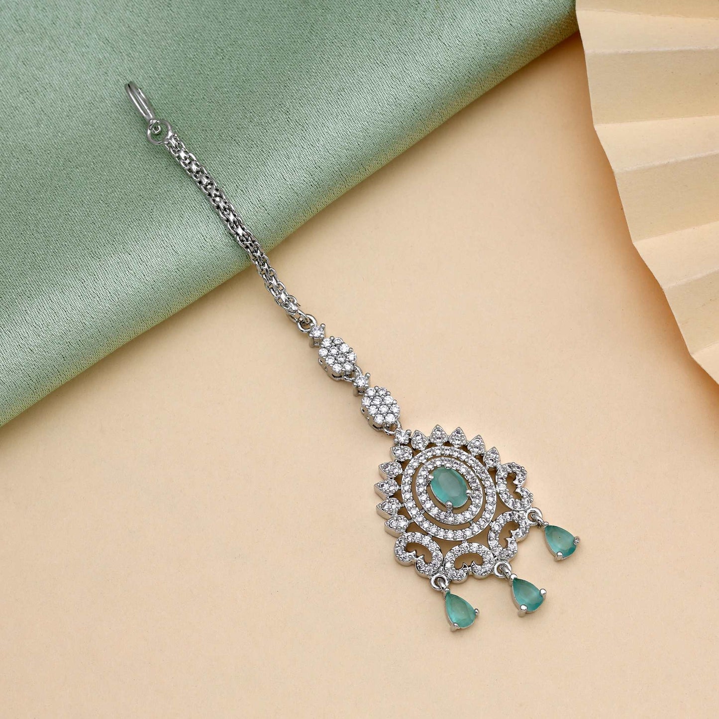 Pista Green Color Unique Handcrafted American Diamond Maang Tikka For Brides And Functions