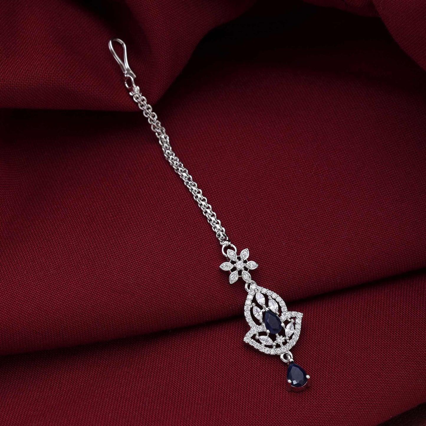 Navy Blue Color Graceful Stone American Diamond Maang Tikka For Party And Cultural Events