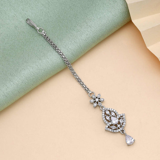 Silver Color Sparkling Designer American Diamond Maang Tikka For Wedding And Party Wear
