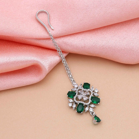 Green Color Traditional Sparkling American Diamond Maang Tikka For Cultural And Bridal Wear