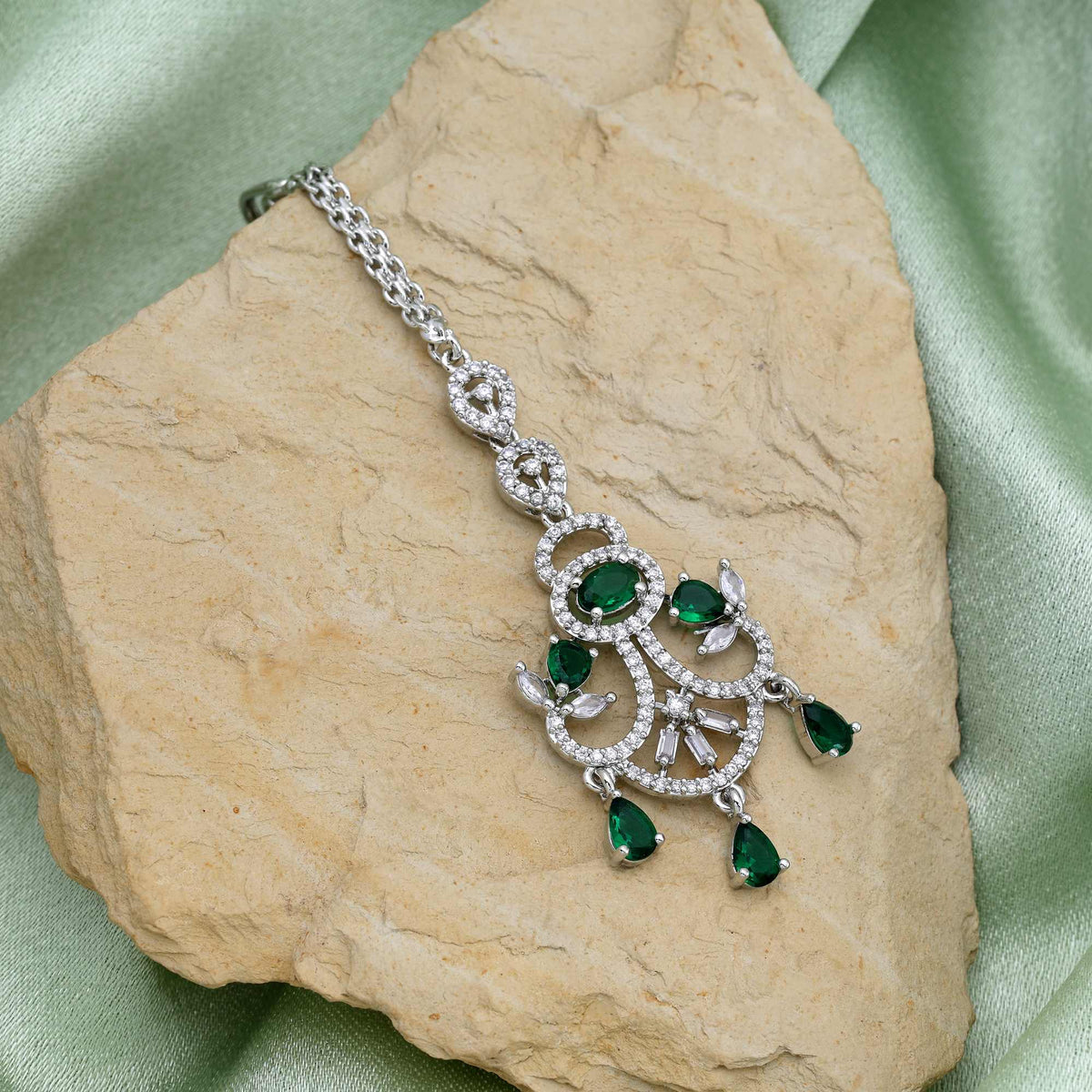 Green Color Radiant Shine American Diamond Maang Tikka For Bridal And Traditional Look | FEMNARI