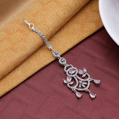 Pink schimmernder Designer American Diamond Maang Tikka für Party- und Hochzeitsschmuck