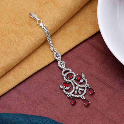 Red Color Classic Round Stone American Diamond Maang Tikka For Brides And Festive Use