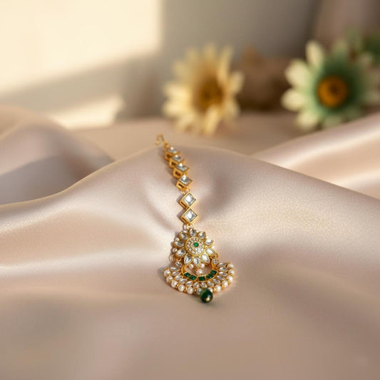 Green Color Kundan Maang Tikka With Traditional Ethnic Bridal Elegance Design