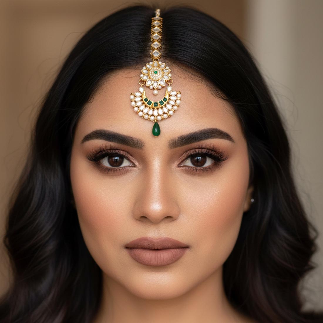 Grüner Kundan Maang Tikka mit traditionellem ethnischem Design für Brauteleganz
