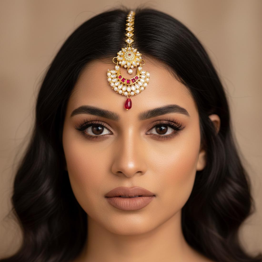 Rani Color Kundan Maang Tikka mit königlichem festlichem Hochzeits-Statement-Stil