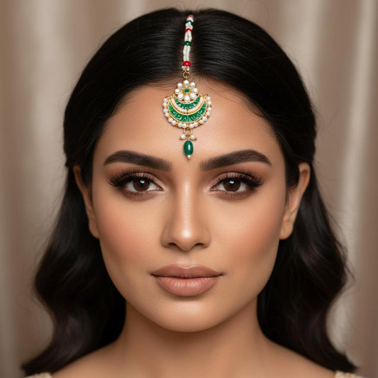 Green Color Kundan Maang Tikka With Antique Gold Tone Detailing
