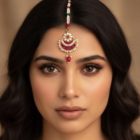 Rani Color Kundan Maang Tikka With Intricate Stonework Bridal Charm