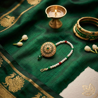 Grünfarbener Kundan Maang Tikka mit eleganter traditioneller kultureller Ausstrahlung