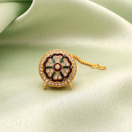 Maroon & Green Color Traditional Bridal Maang Tikka Elegant Ethnic Forehead Jewelry For Women