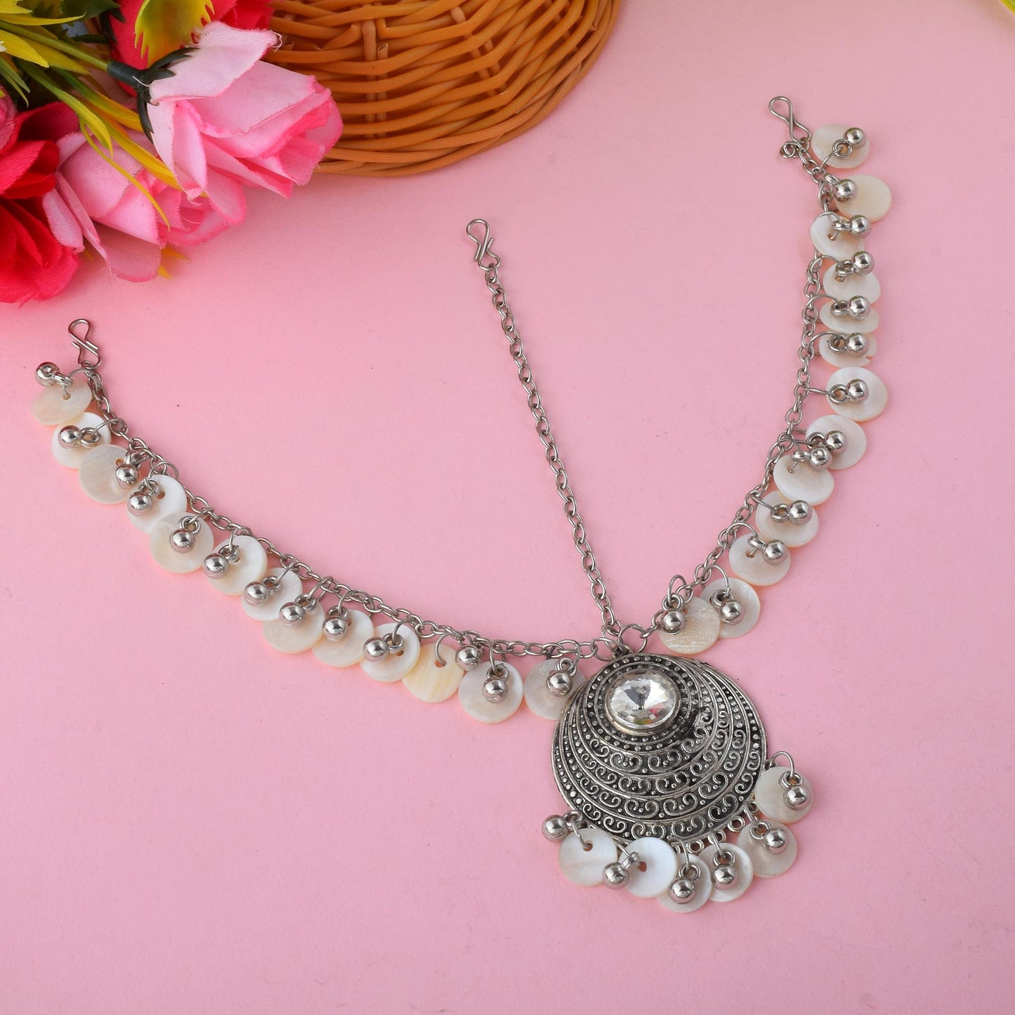 Handcrafted Silver Color Oxidised Matha Patti With Temple Inspired Detailing