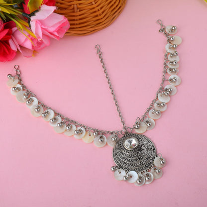 Handcrafted Silver Color Oxidised Matha Patti With Temple Inspired Detailing