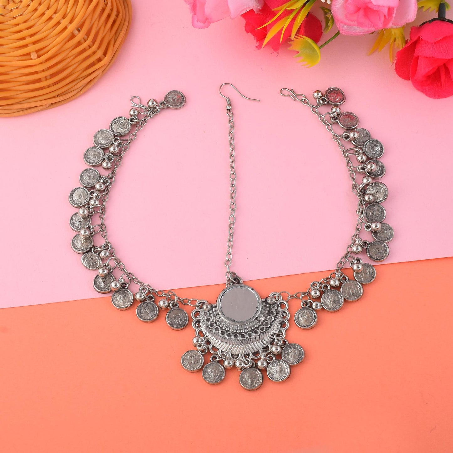 Elegant Silver Color Oxidised Matha Patti With Chain And Bead Accents