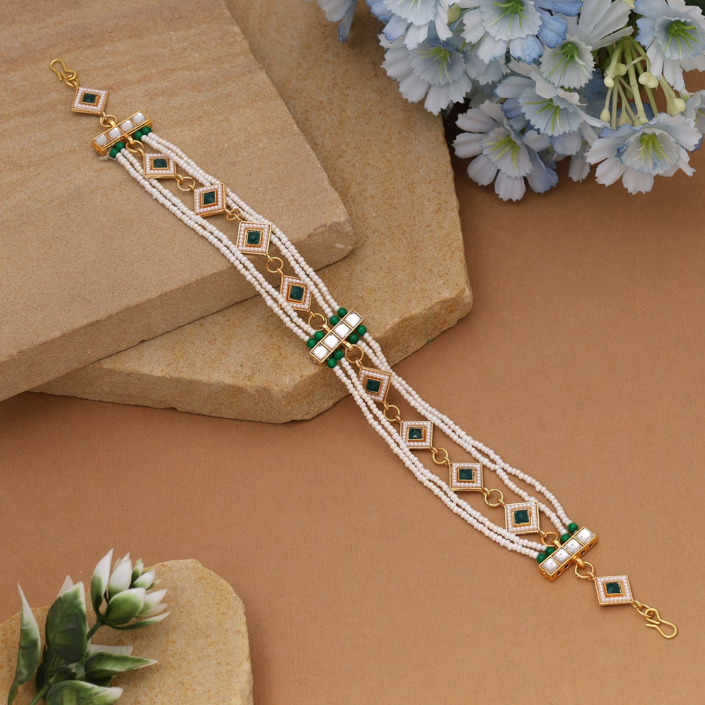 Green & White Color Kundan Matha Patti Crafted For Royal Wedding And Festive Wear