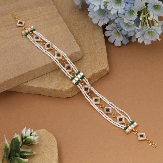 Green & White Color Kundan Matha Patti Crafted For Royal Wedding And Festive Wear