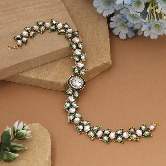 White & Green Color Meena Work Kundan Matha Patti Inspired By Heritage Craftsmanship