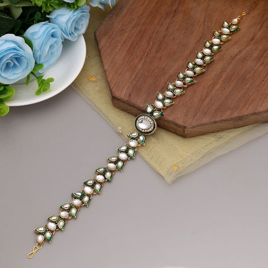 White & Green Color Meena Work Kundan Matha Patti Inspired By Heritage Craftsmanship