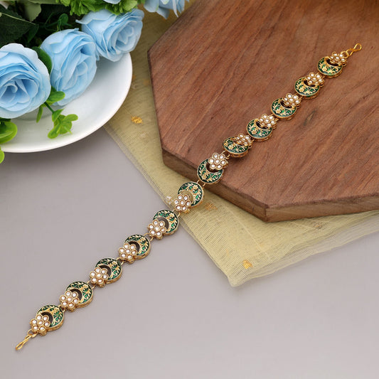 White & Green Color Meena Work Kundan Matha Patti For Classic Ethnic Bridal Styling